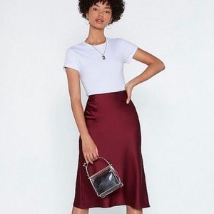 Burgundy satin midi skirt